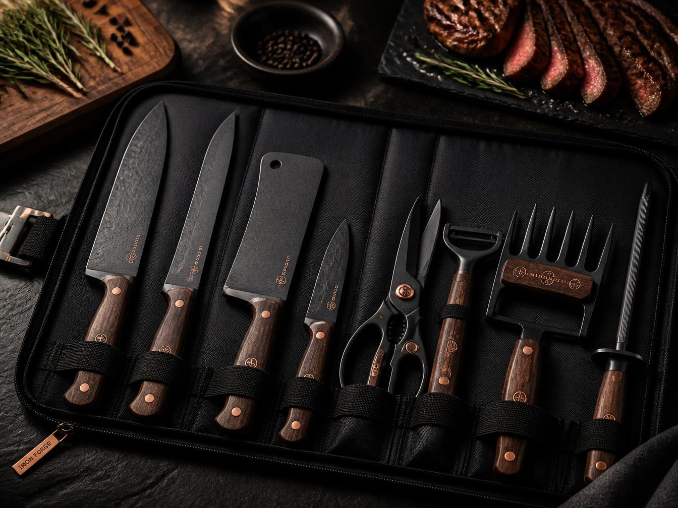 Estojo aberto do kit churrasco premium com as 8 peças de lâmina preta e cabos amadeirados sobre pedra escura